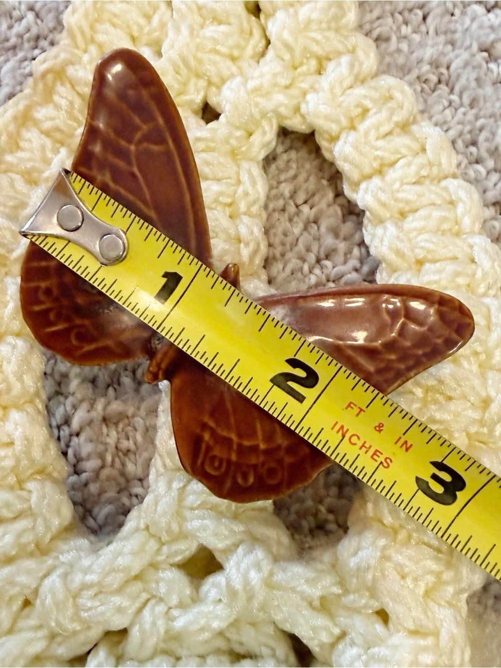 1970s Macrame Towel Holder Brown Ceramic Butterfly Handmade Hanging Boho Vintage